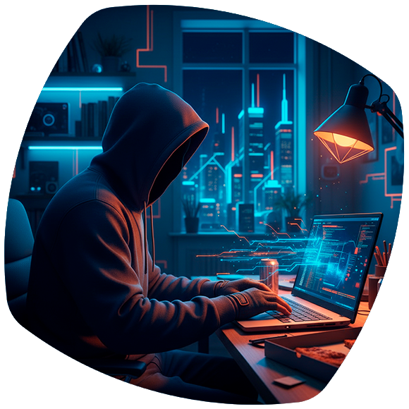 Iemand in een hoodie, een hacker achter een laptop in een donkere kamer